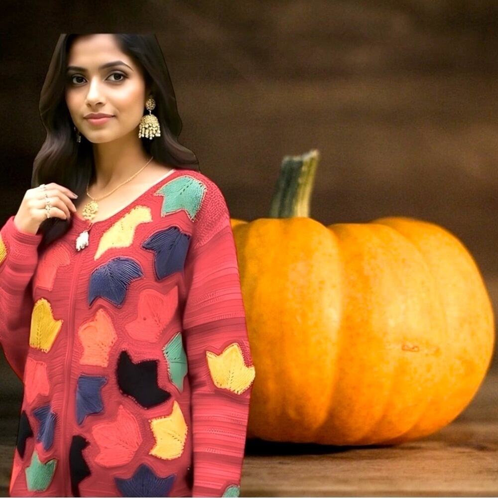 Susan Bristol Red Multicolor Women's Fall Leaf Cardigan Silk Angora Lambswool M